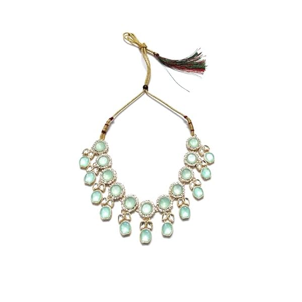 SHARVARI IMITATION JEWELLERY sea green kundan necklace set with studded earrings and maangtika - Image 3