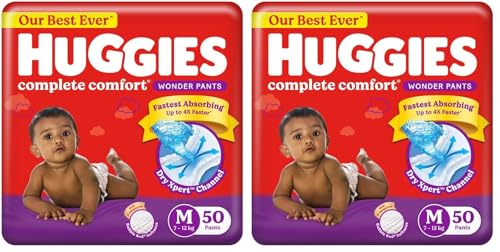 Image of Huggies Complete Comfort Wonder Pants | Pant Style Baby Diapers M Size, 50 Count | India's Fastest Absorbing Diaper, Patented Dry Xpert Channel, Ideal for 7 to 12 Kgs (Pack of 2)