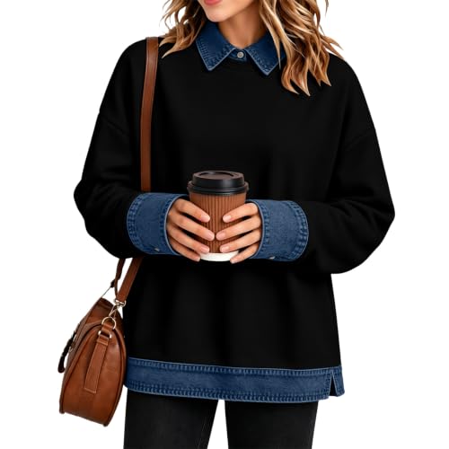 Womens Polo Shirts Denim Patchwork Button Collared Long Sleeve Tops - image 2