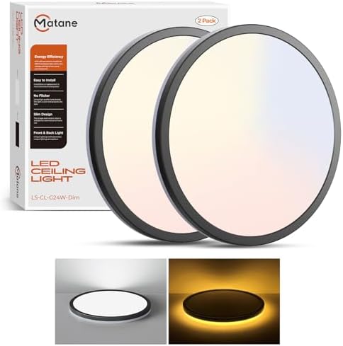 Matane 2Pack LED Flush Mount Ceiling Light Fixture with Night Light, 12inch 24W 2400LM 3000K/4000K/5000K Selectable, Dimmable LED Ceiling Lights for Bedroom, Dining Room, Kitchen, Round