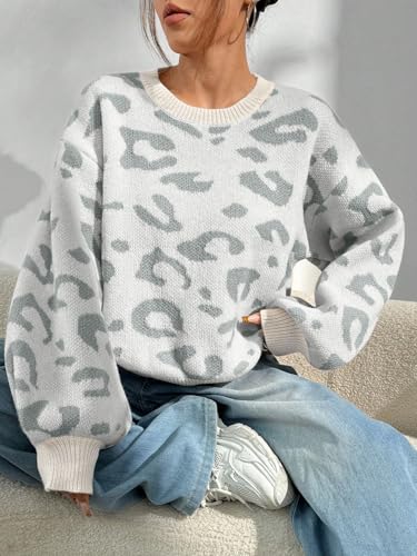Image of SHENHE Women's Vintage Leopard Print Crew Neck Drop Shoulder Loose Knit Pullover Sweater