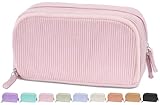 Sooez Big Capacity Pencil Case Pen Pouch, Soft Corduroy Pencil Bag with 3 Compartment, Multiple Pockets, Sturdy Zipper, Cute School Supplies Pen Bag Organizer For Teen Girls College, Pink