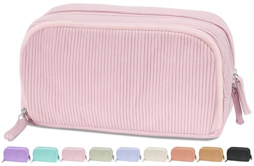 Sooez Big Capacity Pencil Case Pen Pouch, Soft Corduroy Pencil Bag with 3 Compartment, Multiple Pockets, Sturdy Zipper, Cute School Supplies Pen Bag Organizer For Teen Girls College, Pink
