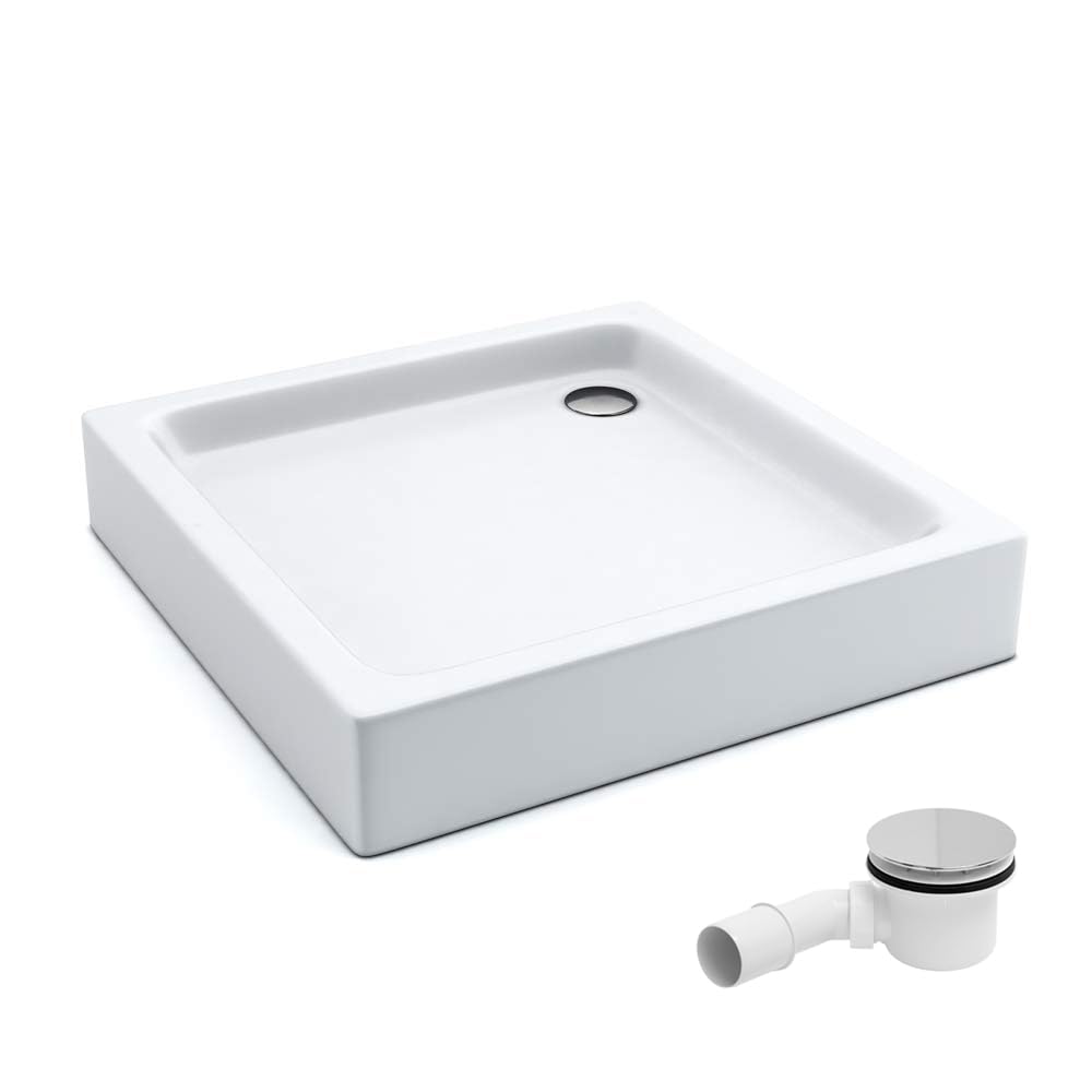 AQUABAD Duschwanne/Duschtasse | Komplettset Forta Plus mit LeakProtect Technologie Smooth White 90x90cm Quadrat | inkl. Ablaufgarnitur/Siphon Alcadran A49CR