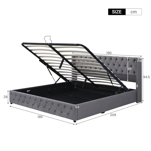 Skcess Doppelbett 180X200 Polsterbett Ohrenform Doppelte Nietenreihe Flanell, Knopfnähte Kopf-Und Fußende, Hydraulisches Funktionsbett, Grau – Bild 3