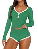 REVETRO Spring Fashion 2 Piece Pajama Set Y2k Crop Top Lounge SetsV Neck Long Sleeve Shorts Sets PJ Set for Women Green XL