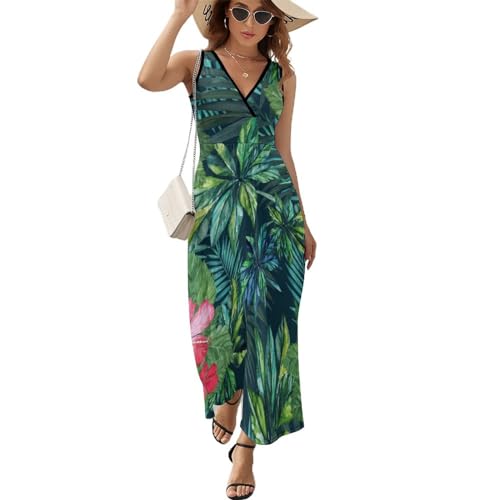 Robe longue d'été col V au motif floral et feuilles imprimées chic