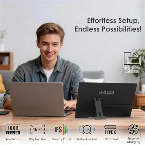 Kado Portable Monitor 15.6-inch FHD 1080p Rotating Stand IPS Display