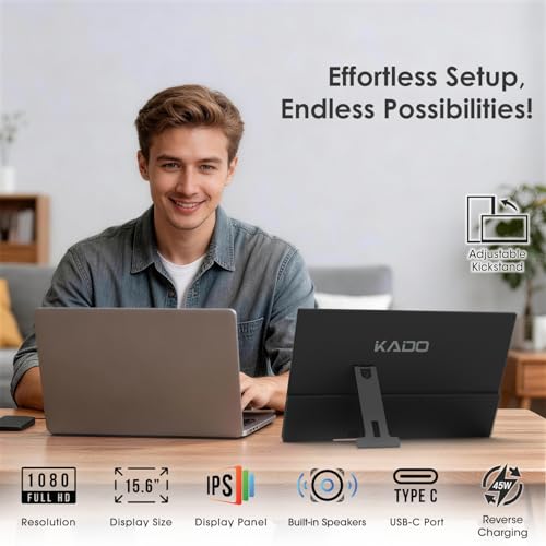 Image of Kado Portable Monitor 15.6-Inch FHD 1920x1080 USB-C HDMI IPS Display | 45W Reverse Charging, Gaming Monitor Built-in Speakers, Second Display Kickstand for Laptop PC Phone Mac Xbox PS4 /PS5 Switch