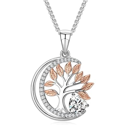 Praelinos Family Tree of Life Birthstone Necklace for Women Silver Tone Rose Gold Plated 5A Cubic Zirconia Valentine's Day Mother's Day Jewellery Gifts for Mom Wife Sister Friend Mother(White) Cover