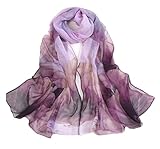 [ふく福] レディース 花柄 シフォン ビーチスカーフ マフラー 大判 ストール 薄手 春/夏/秋 UVカット＆冷房対策 日焼け止め 海辺 蓮の印刷 (パープル)