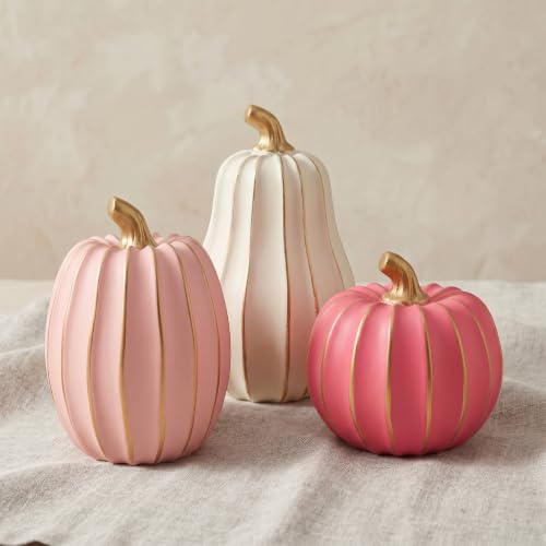 White Pink and Gold Pumpkin Decor 3Pcs Resin Pumpkin Figurines Fall Decor