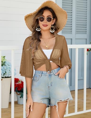 Image of iClosam Women Tie Front Chiffon Shrug Short Sleeve Cropped Sheer Bolero Shrug Cardigan