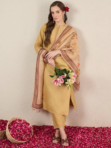 Image of INDO ERA Women's Straight Cotton Blend Ethnic Motifs Embroidered Kurta Pant With Dupatta Set