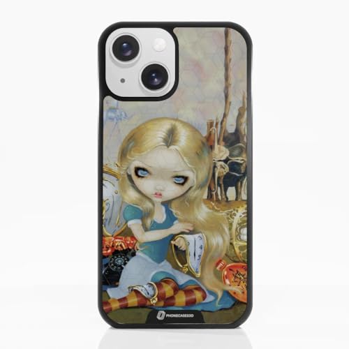 Coque noire iPhone 13 mini Alice au pays de Dali effet relief léger