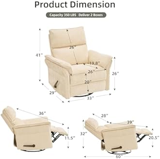 Oversized Recliner Chair, 26" Extra Wide 360° Swivel Rocker Recliner with Adjustable Headrest, Chenille Glider Rocking Nursery Chair with Overstuffed Armrest, Lumbar Support, Beige