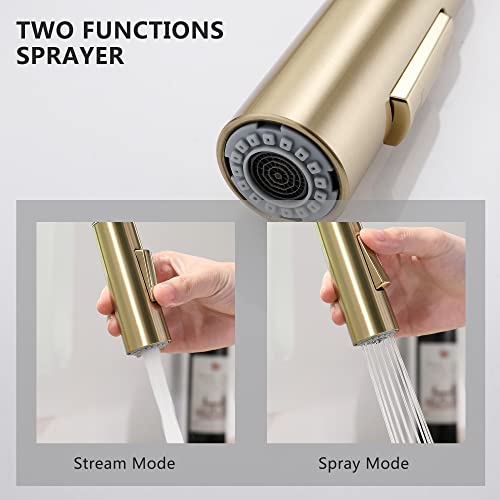 Fropo Gold Kitchen Faucet With Pull Down Sprayer - Modern Single Handle Pull Down Kitchen Sink Faucet With Deck Plate | Commercial Kitchen Faucet For 1 & 3 Hole Stainless Steel Brushed Gold #TOP2