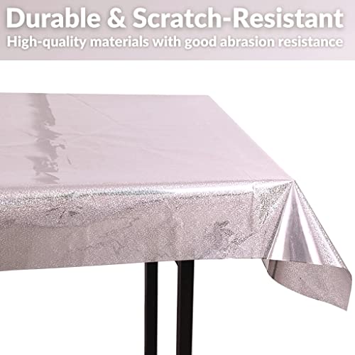 Pixipy Disposable Plastic Tablecloths - 2-Pack Table Cloth For Parties - 108" X 40" Party Table Cloths Set - Silver Disposable Tablecloths For Rectangle Tables Up To 8Ft - Silver Party Decorations #TOP5