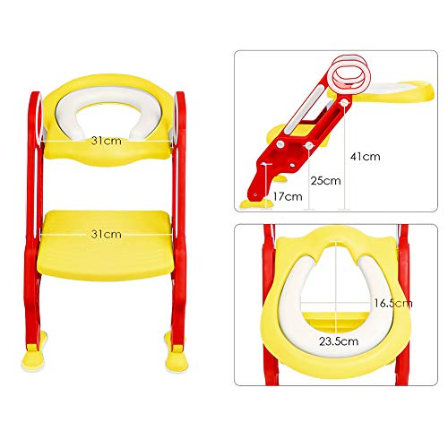 Mangohood Potty Training Toilet Seat with Step Stool Ladder for Boys and Girls Baby Toddler Kid Children Toilet Training Seat Chair with Handles Padded Seat Non-Slip Wide Step (Red Yellow)