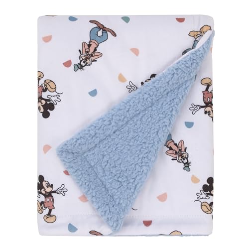 Image of Disney Mickey Mouse Light Blue, White, and Tan Super Soft Sherpa Baby Blanket with Donald Duck, Goofy and Pluto