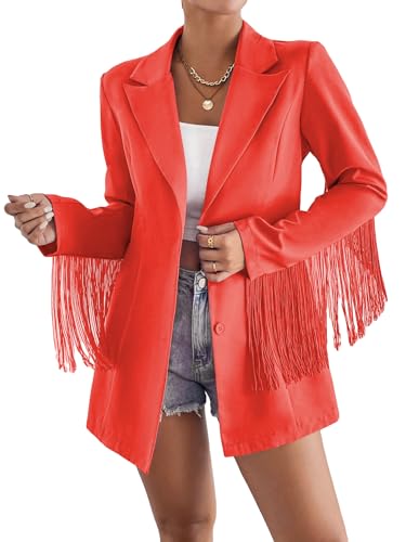 WDIRARA Women's Fringe Trim Button Front Long Sleeve Lapel Neck Party Blazer