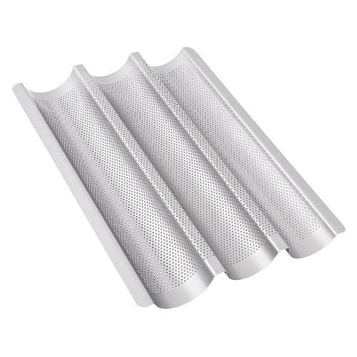 Baguette Backform, Brot Backen Zubehör, Baguette-Backblech mit Antihaftbeschichtung für 3 Baguettes, Backformen (38 x 27.5 x 3.2 cm, Silber)