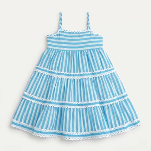 Image of The Magic Wand Kids Girls Printed Cotton Summer Dresses, Knee Length Sleeveless Casual Western Stylish One Piece Fit & Flared Frock for Beach & Vacations