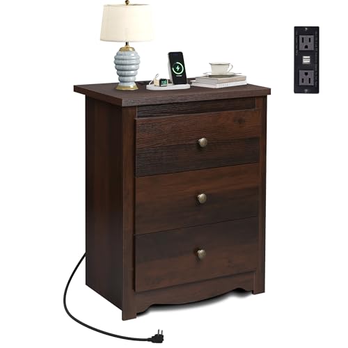 WLIVE Tall Nightstand with Charging Station, Wood Nightstand with 3 Drawers, Bedside Tables Bedroom,...