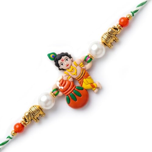 Image of Cartoon Kanha Bal Krishna and Car Rakhi for Baby /Kids Brother /Sister | Combo for Kids | Rakhi with Greeting Card & Roli Chawal