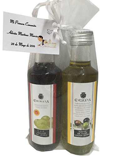 Regalo con botella de Aceite de Oliva Virgen Extra y Vinagre de Jerez D.O. de La Chinata en bolsa de organza para invitados (Pack 24 ud)