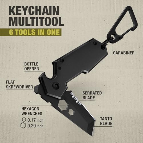 Image of Mini Keychain Knife with Carabiner - 1.3 inch Tanto Serrated Blade - 6 in 1 Black Multitool - Bottle Opener Box Cutter Liner Lock - EDC Gadgets - Legal Folding Small Pocket Sashimi Knives Pocket - 2248
