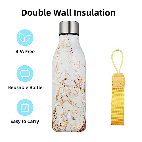 Image of Konokyo Insulated Water Bottle with Strap,18 oz Double Wall Stainless Steel Vacuum Bottles Metal Water Flask,Marble Amber