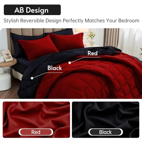 MUXHOMO 7 Pieces Queen Comforter Set, Reversible Bed in a Bag Queen Size, All Season Bedding Set with Comforter, Flat Sheet, Fitted Sheet, Pillowcases & Shams, Red & Black - Image 4
