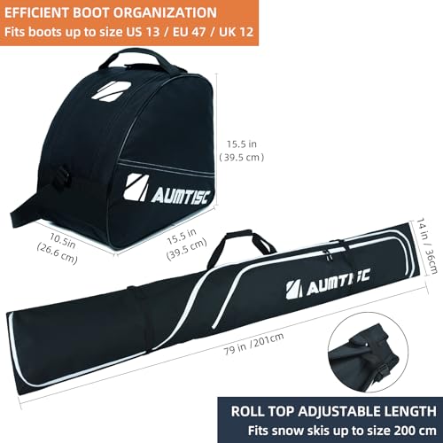 AUMTISC Juego de bolsa de esquí y bolsa para botas de esquí, bolsa de viaje de esquí duradera y acolchada, longitud ajustable, forro interior impermeable, se adapta a esquís de hasta 200 cm - imagen 2