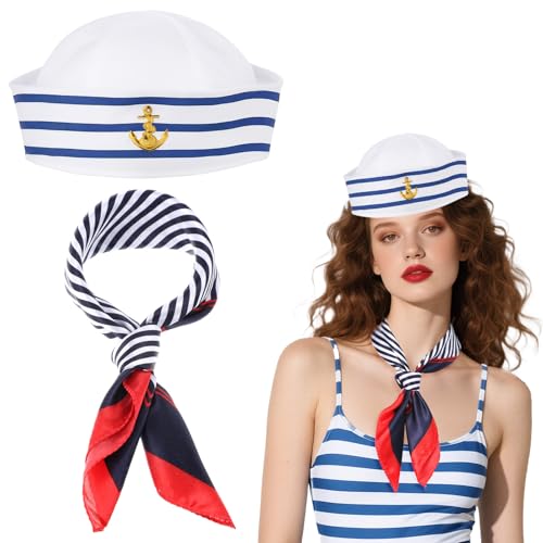 Kapitän Matrosen Kostüm Set, Matrosenmütze und Schal, Kapitänsmütze, Sailor Hat Schal, Nautischer Quadratischer Schale, Marineblaues Outfit für...