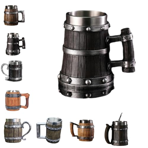 新しい木樽ビールジョッキクリエイティブ大容量バーマグ ビールジョッキ ビアジョッキ マグカップ レトロ風 木調ステンレス製 ビールコップ 樽型 大容量 ミルク ティー ビール 紅茶 飲料 カップ 酒器 ップパーティー家庭用 G