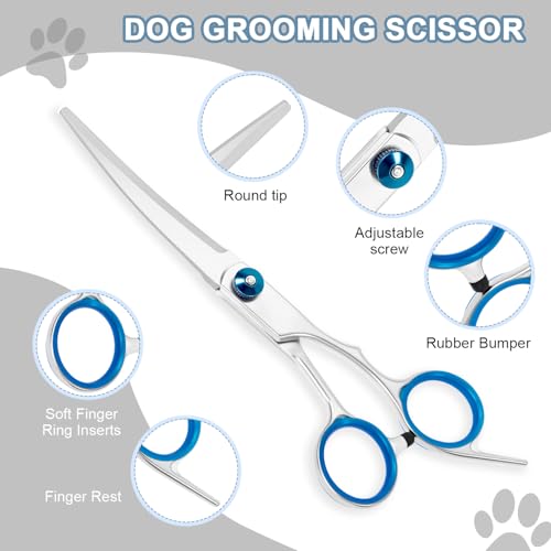3 Stück Hundeschere Gebogene Schere Hund Fellschere Edelstahl Hunde Schere für Hunde Katzen Haustiere mit Schneiden Schere, Verdünnung Schere, Pflege Kamm (Blau, 3in1)