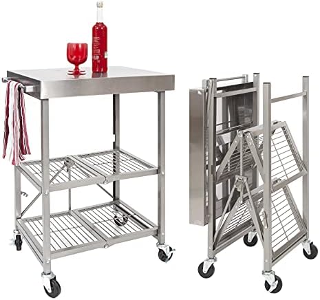 Origami Stainless Steel Cart on Wheels, 3-Tier Foldable Rolling Cart Made of Commercial-Grade Metal - Stainless Steel Design for Chefs Outdoor Food Prep Folding Kitchen Cart