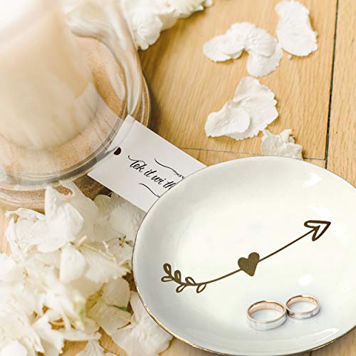 Ceramic Heart with Arrow Ring Holder White & Decorative Gold | Ring, Bracelet, Jewelry, Trinket Tray/Dish | Great for Wedding Ring, Earrings, Diamond Ring & Engagement Ring Holder | Office & Home Decor
