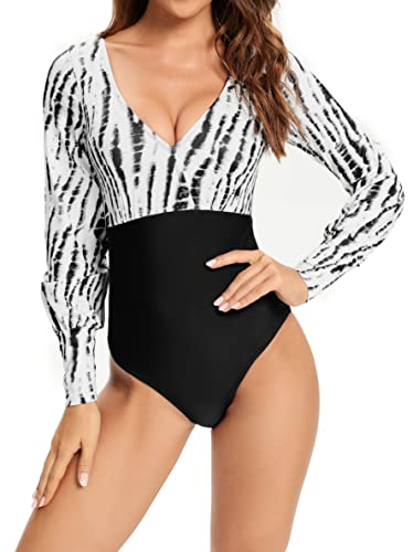 SHEKINI Maiô feminino de manga comprida Rash Guard com estampa de proteção UV, Estampa preta - C, M