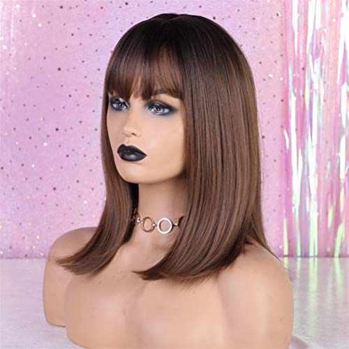 Perruque bob avec frange cheveux raides et lacet frontal synthétique femme