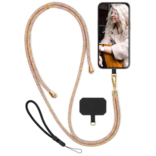 moex Unleash für ZTE Axon 11 / Axon 11 5G Handyband zum Umhängen ohne Hülle, Handykette Universal mit Karabiner, Handy Band abnehmbar, Kette mit Pad für Handyhülle, Bunt, Gold