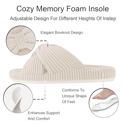 Women's Orthopedic Arch Support Open Toe House Slippers for Plantar Fasciitis Ladies Cozy Memory Foam Bedroom Gift Slippers Fluffy Corduroy Bow Crossband Slide3