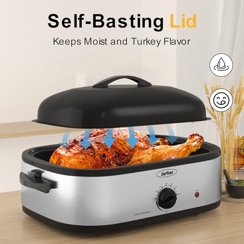 Image of Sunvivi 14-Quart Electric Roaster Oven with Self-Basting Lid, Turkey Roaster Oven with Removable Pan and Rack, Stainless Steel, Silver