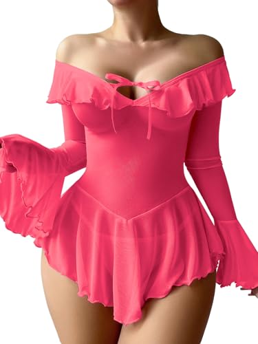 Image of OYOANGLE Women's 2 Piece Off Shoulder Long Sleeve Ruffle Mesh Sheer Nightgowns with Thongs Babydoll Lingerie Set