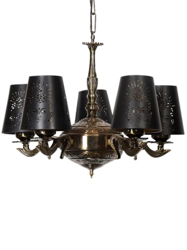 Image of Devansh 05 Lights Budha JI Metal Etched Shade with Antique Golden Chandelier -ZE
