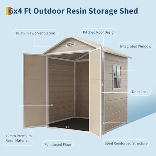 Image of Resin Outdoor Storage Sheds 6x4 ft, Upgraded Double-Wall Outdoor Plastic Shed with Window & Double Doors, Waterproof Lockable Garden Shed for Patio Furniture, Lawn Mower, Bike, and Tool Storage