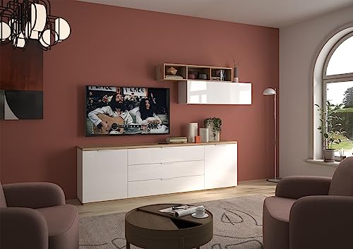 Composad | Salon Complet de la Ligne Mundi, Ensemble de 3 Meubles, armoires, Meuble TV, Salon Moderne, élégant, Blanc laqué et chêne mielato, fabriqué en...