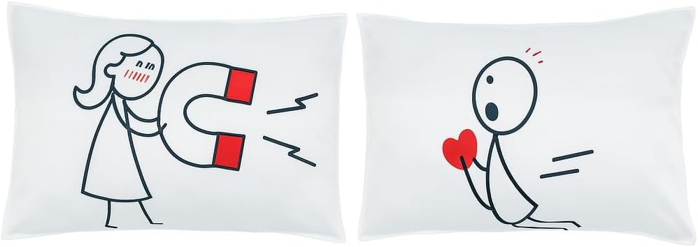Couple Pillowcases Set of 2 – You’re My Magnet Satin Pillow Covers with Heart Design, Romantic Bedding Gift for Couples, Wedding Honeymoon Anniversary Decor, Fits 27 x 18 Inch Pillows