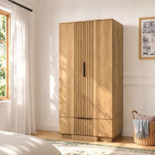 Yechen 67' Fluted Armoire Wardrobe Closet with Doors and Drawer, Wooden Wardrobe Closet Cabinet with Adjustable Shelve, Modern Small Armoires Storage Clothes, Coats for Bedroom, Natural